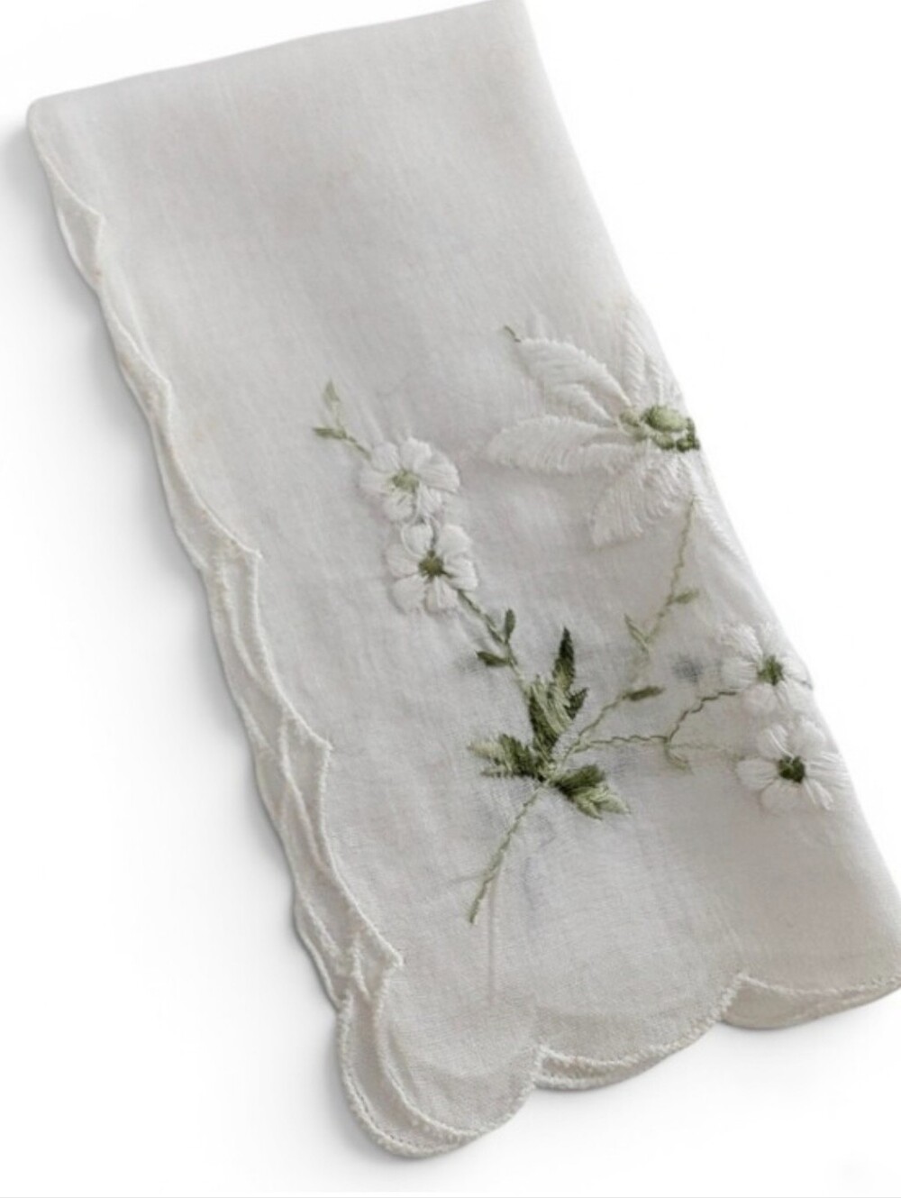 VINTAGE Hankerchief Embroidered White Linen Green Floral Design